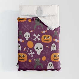 Halloween Cute Seamless Pattern with Pumpkins, Ghosts, Bats, Skulls and Sweets Duvet Cover