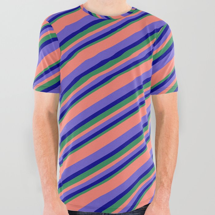 Salmon, Slate Blue, Dark Blue & Sea Green Colored Pattern of Stripes All Over Graphic Tee