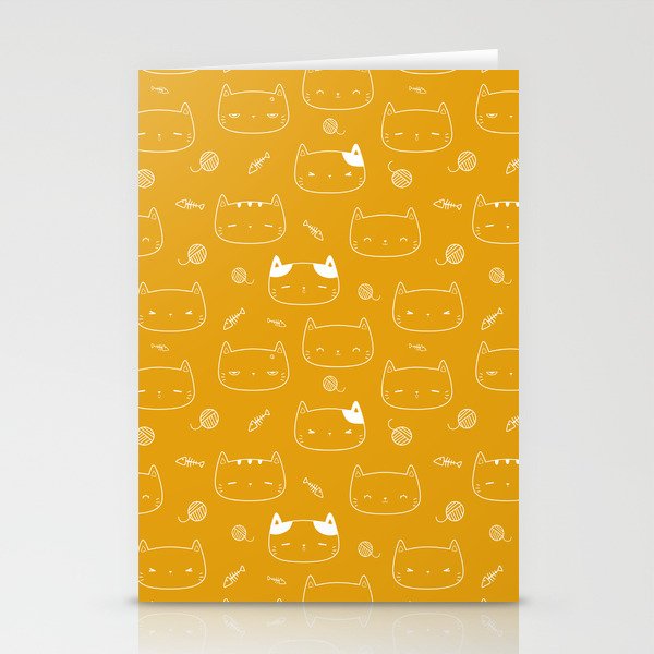 Mustard and White Doodle Kitten Faces Pattern Stationery Cards