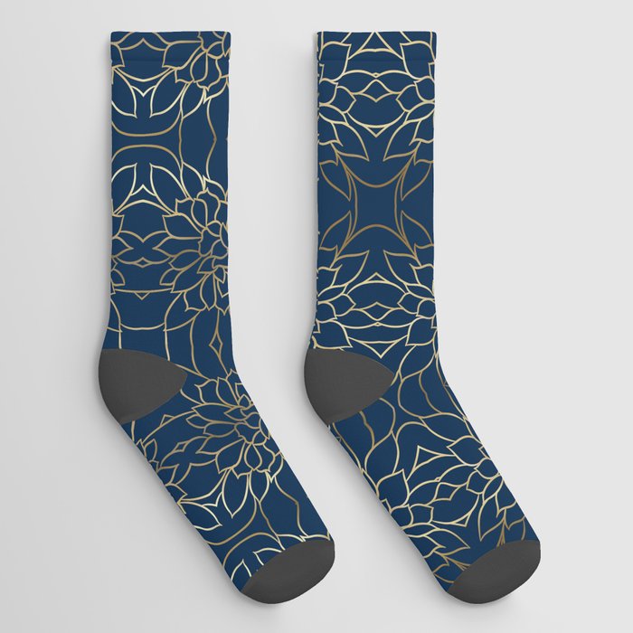 Floral Prints, Line Art, Navy Blue and Gold Socks