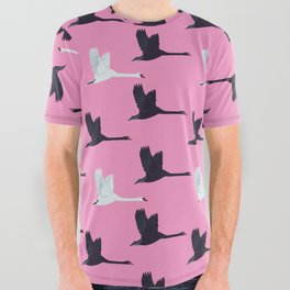 Flying Elegant Swan Pattern on Pink Background All Over Graphic Tee