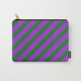 [ Thumbnail: Dark Orchid and Green Colored Striped Pattern Carry-All Pouch ]
