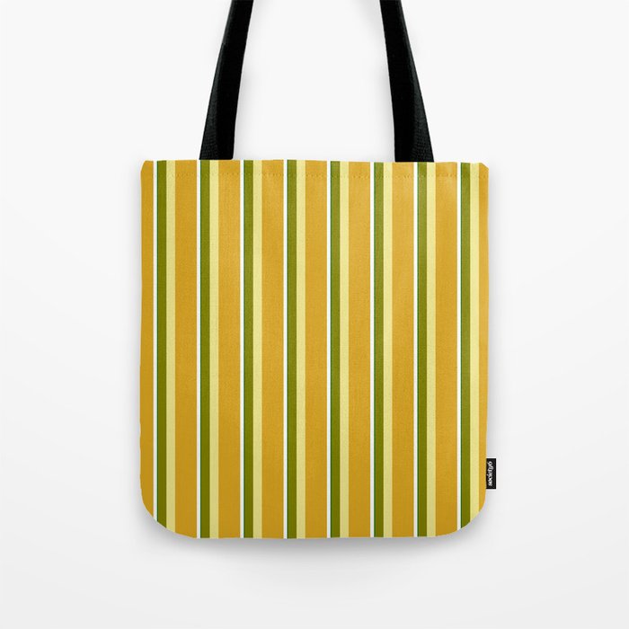 Eye-catching Green, Tan, Goldenrod, White, and Dark Green Colored Lined/Striped Pattern Tote Bag