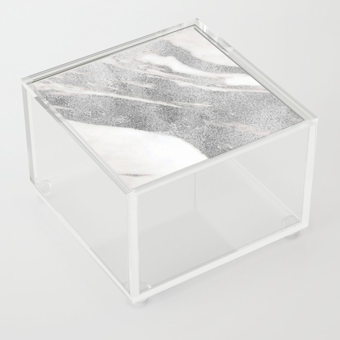 Marble - Silver Glitter on White Metallic Marble Pattern Acrylic Box
