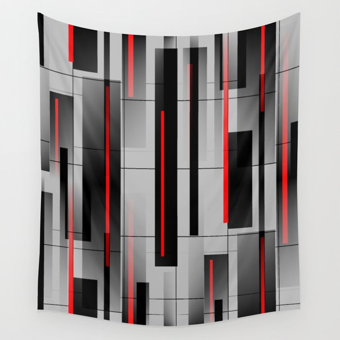 Off the Grid - Abstract - Gray, Black, Red Wall Tapestry
