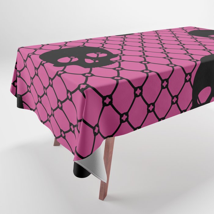 Black skulls Lace Gothic Pattern on Fuchsia Pink Tablecloth