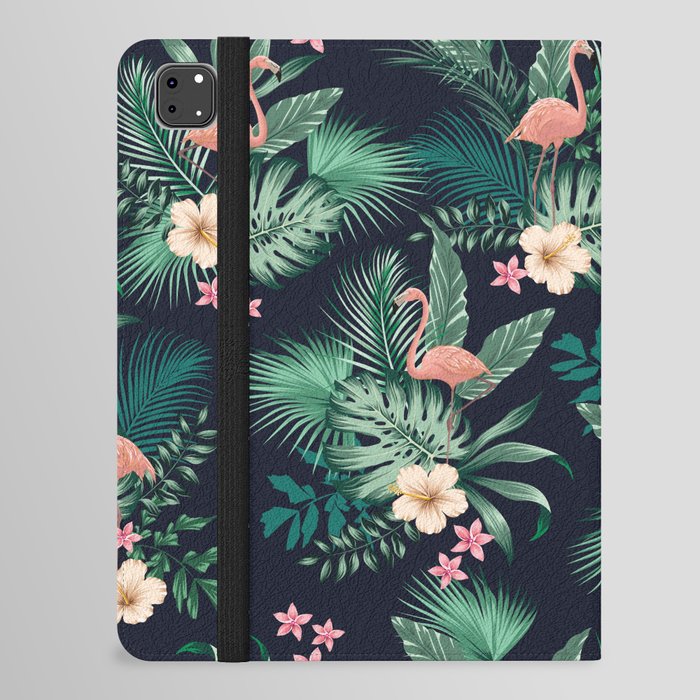  seamless tropical pattern with lush foliage, flowers, pink flamingos. Exotic floral design with monstera leaves, areca palm leaf, hibiscus, frangipani.  iPad Folio Case