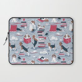 Life is better with books a hot drink and a friend // blue background brown white and blue beagles and cats and red cozy details Laptop Sleeve