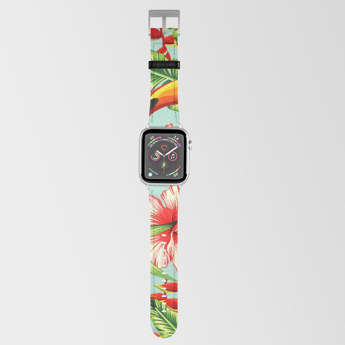 tropic bird toucan multicolor parrot background exotic flower hibiscus palm leaf summer floral plant nature animals wallpaper pattern Apple Watch Band