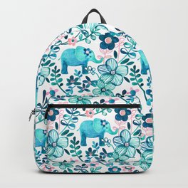 Dusty Pink, White and Teal Elephant and Floral Watercolor Pattern Backpack