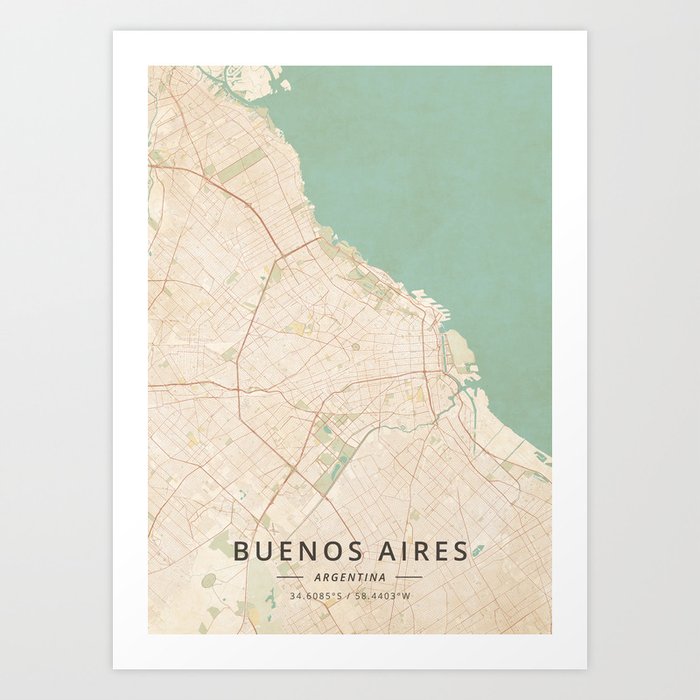 Buenos Aires, Argentina - Vintage Map Art Print