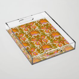 Orange, Pink Flowers and Green Leaves 1960s Retro Vintage Pattern Acrylic Tray
