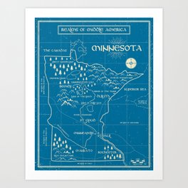 Fantasy Style Map of Minnesota - Blue Art Print