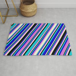 [ Thumbnail: Eye-catching Dark Turquoise, Blue, Orchid, Beige, and Black Colored Stripes Pattern Rug ]