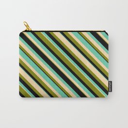 [ Thumbnail: Aquamarine, Tan, Green, and Black Colored Striped Pattern Carry-All Pouch ]
