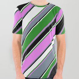 [ Thumbnail: Eye-catching Forest Green, Violet, Light Slate Gray, Black & White Colored Striped/Lined Pattern All Over Graphic Tee ]