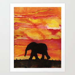 Baby Elephant Sunset Landscape Art Print