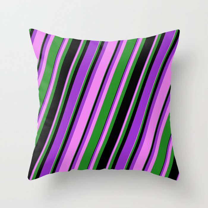 Dark Orchid, Violet, Forest Green, and Black Colored Lines Pattern Throw Pillow