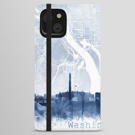 Washington DC Skyline & Map Watercolor Navy Blue, Print by Zouzounio Art iPhone Wallet Case