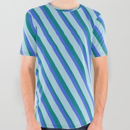 [ Thumbnail: Light Blue, Teal, and Royal Blue Colored Lined Pattern All Over Graphic Tee ]
