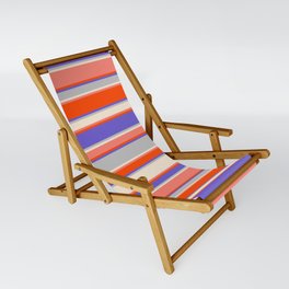 [ Thumbnail: Eye-catching Slate Blue, Grey, Beige, Salmon, and Red Colored Striped Pattern Sling Chair ]