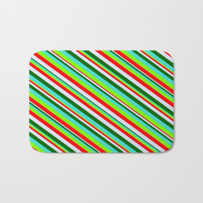 Vibrant Turquoise, Green, Red, Lavender & Dark Green Colored Lined/Striped Pattern Bath Mat