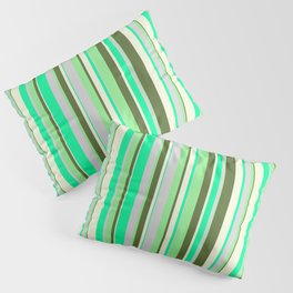 [ Thumbnail: Vibrant Green, Light Grey, Light Green, Dark Olive Green, and Beige Colored Stripes/Lines Pattern Pillow Sham ]