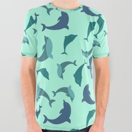 Playful Dolphins on Aquamarine Background All Over Graphic Tee