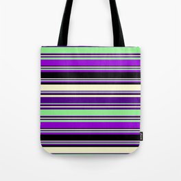 [ Thumbnail: Eyecatching Light Yellow, Indigo, Light Green, Dark Violet & Black Colored Stripes/Lines Pattern Tote Bag ]