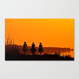 Wild West sunset - Cowboy Men horse riding at sunset Vintage west vintage illustration Canvas Print