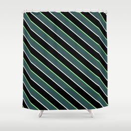 [ Thumbnail: Green, Dark Slate Gray, Mint Cream & Black Colored Lined Pattern Shower Curtain ]