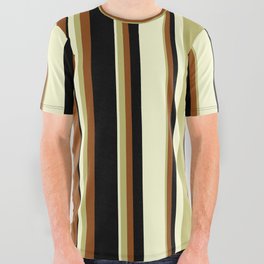 [ Thumbnail: Dark Khaki, Brown, Black, and Light Yellow Colored Stripes Pattern All Over Graphic Tee ]