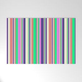 [ Thumbnail: Vibrant Light Coral, Green, Violet, Dark Slate Blue, and Light Yellow Colored Pattern of Stripes Welcome Mat ]
