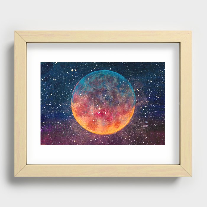 Fantastic oil painting beautiful big planet moon among stars in universe. Fantasy concept cosmos fine art paintingartwork illustration Recessed Framed Print