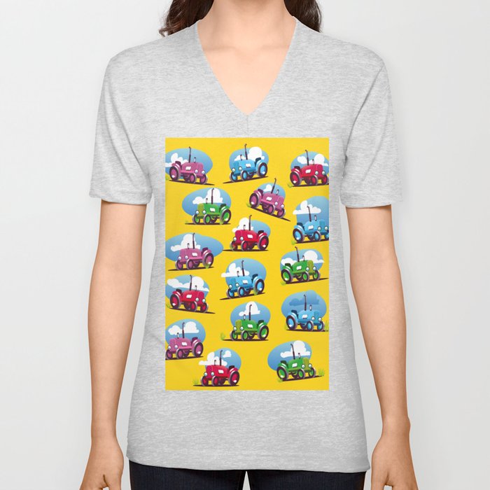 Cute tractor pattern V Neck T Shirt