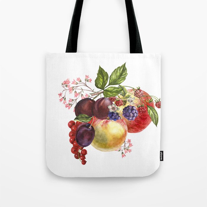 Composition of realistic fruits on a white background in vintage style. Apples, raspberries, plums, Tote Bag
