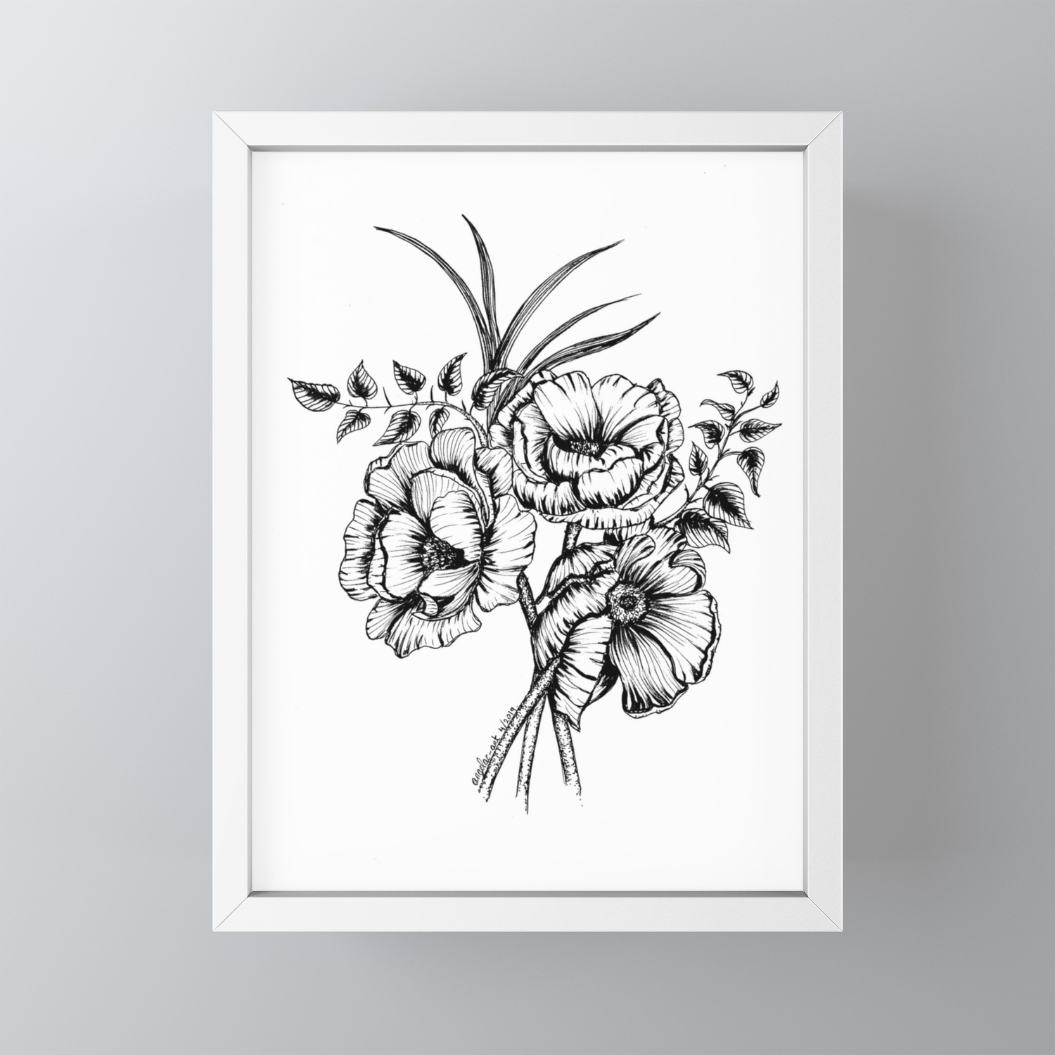 Flower Bouquet In Black And White Floral Line Drawing Pen And