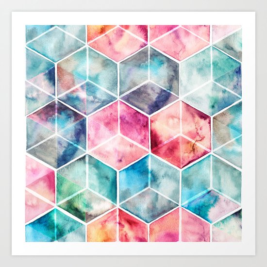 Translucent Watercolor Hexagon Cubes Art Print