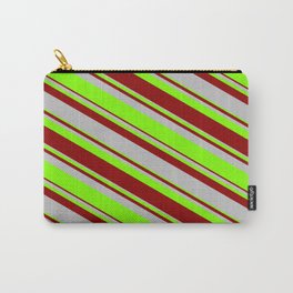 [ Thumbnail: Dark Red, Grey & Chartreuse Colored Lined/Striped Pattern Carry-All Pouch ]
