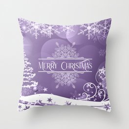 Merry Christmas, Christmas Tree, Snowflakes, Flowers and Stars on Purple Throw Pillow