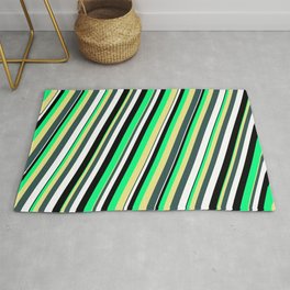 [ Thumbnail: Vibrant Green, Tan, Dark Slate Gray, White, and Black Colored Striped/Lined Pattern Rug ]
