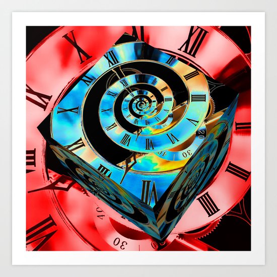 Red Infinity Clock with Blue Cube Art Print