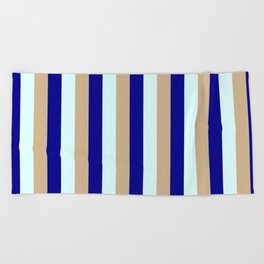 [ Thumbnail: Tan, Dark Blue & Light Cyan Colored Lines Pattern Beach Towel ]