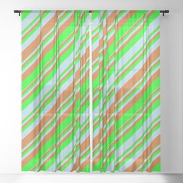[ Thumbnail: Chocolate, Lime & Light Blue Colored Lined/Striped Pattern Sheer Curtain ]