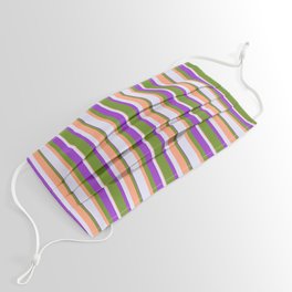 [ Thumbnail: Green, Light Salmon, Lavender & Dark Orchid Colored Stripes Pattern Face Mask ]