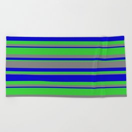 [ Thumbnail: Blue, Lime Green & Gray Colored Lined/Striped Pattern Beach Towel ]