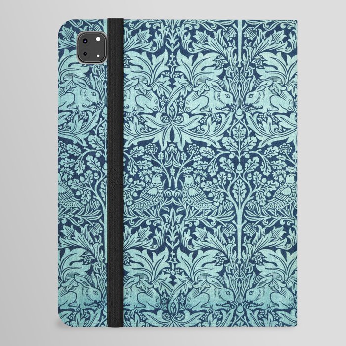 William Morris Teal Blue Rabbit And Floral Vintage Wall Paper Pattern iPad Folio Case