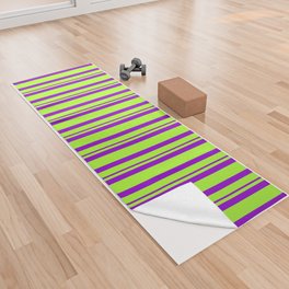 [ Thumbnail: Light Green and Dark Violet Colored Lines/Stripes Pattern Yoga Towel ]