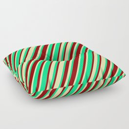 [ Thumbnail: Green, Dark Red & Pale Goldenrod Colored Stripes Pattern Floor Pillow ]