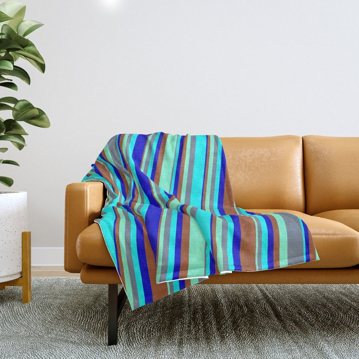 Colorful Aquamarine, Slate Gray, Cyan, Blue & Sienna Colored Striped/Lined Pattern Throw Blanket